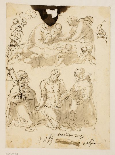 Sts Antony, Hieronymus och Bernardino på knä, med jungfrun och det spädbarn Kristus omgiven av barnänglar bortom av Jacopo Palma