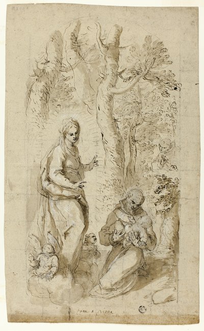 Vision av St. Franciskus av Assisi (recto); Den helige Hieronymus, den helige Franciskus syn och två små skisser av den helige Franciskus som håller Kristusbarnet (verso) av Jacopo Palma il Giovane