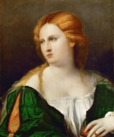 Ung kvinna i en grön klänning, en låda i handen, ca 1514 av Jacopo Palma il Vecchio the Elder