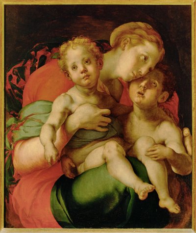 Madonna, Jesusbarnet och den unge Johannes Döparen (målning på trä) av Jacopo Pontormo
