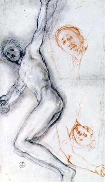 Studie av Kristus spikad på korset, huvudet repeterat två gånger (svart och röd krita) av Jacopo Pontormo