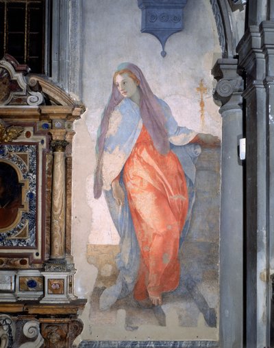 Bebådelsen, detalj av Jungfrun, ca 1527 (fresk) av Jacopo Pontormo