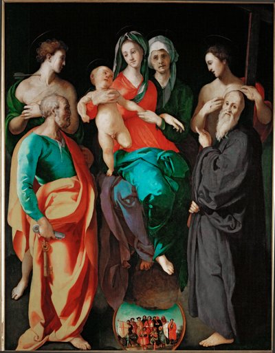 Jungfrun med Sankta Anna och fyra helgon (Petrus Sebastian, Benedictus och den gode missdådaren ... av Jacopo Pontormo