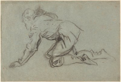 En knästående man som håller en stav, ca 1554-56 (kol på blått papper) av Jacopo Robusti Tintoretto