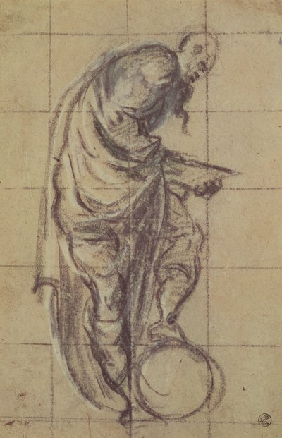En filosof som står på en jordglob (kol på papper) av Jacopo Robusti Tintoretto