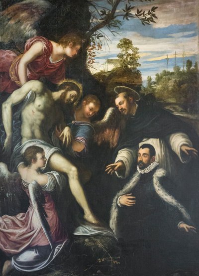 Död Kristus stödd av tre änglar, Dominikus och donator av Jacopo Robusti Tintoretto