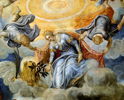 Doge Niccolo da Ponte tar emot olivkvist från Venedig, av Jacopo Robusti känd som Tintoretto (1518-1594), Detail, Sala del Maggior Consiglio (Hall of Great Council), Palazzo Ducale, Venedig av Jacopo Robusti Tintoretto
