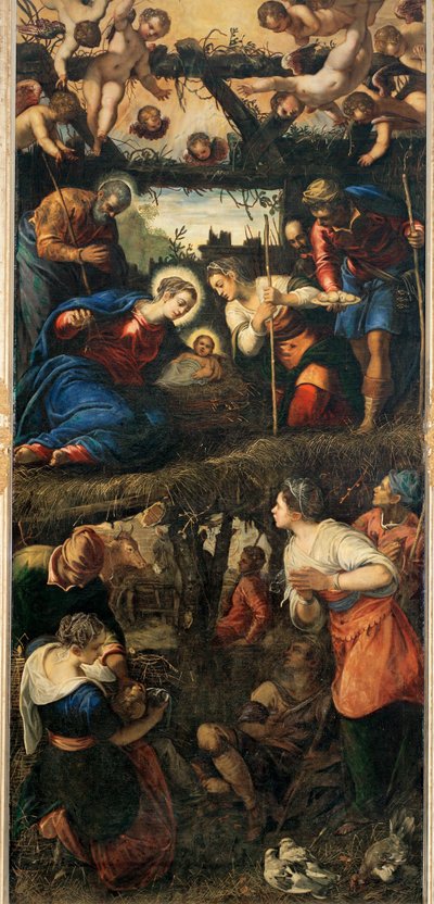Födelsekyrkan och herdarnas tillbedjan (målning på duk) av Jacopo Robusti Tintoretto