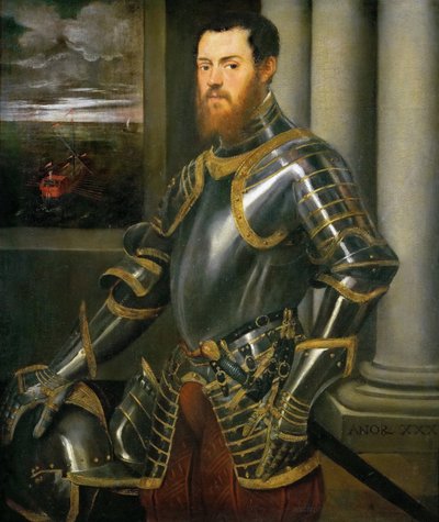 Porträtt av en man i en gulddekorerad rustning, ca 1555. av Jacopo Robusti Tintoretto