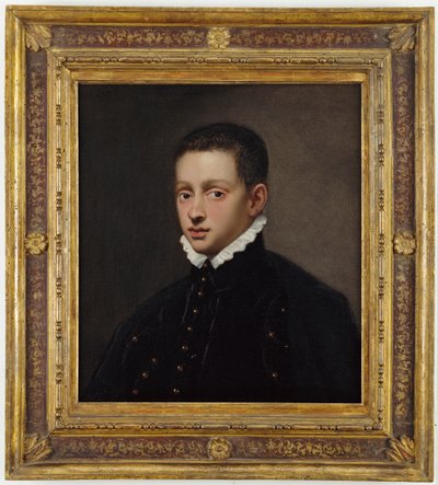 Porträtt av en pojke, bystlång, i en svart dubblett med vit krage av Jacopo Robusti Tintoretto
