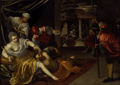 Simson och Delila (olja på duk) av Jacopo Robusti Tintoretto