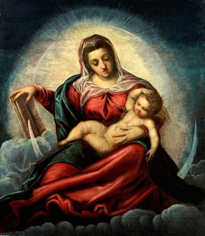 Madonnan och barnet i en mandorla på en halvmåne och moln, med visdomens bok av Jacopo Robusti Tintoretto