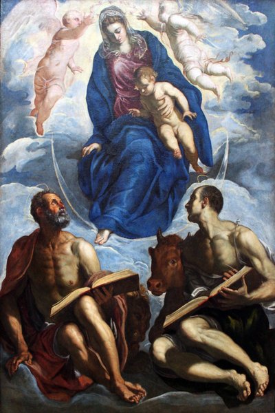Maria med barnet, älskad av evangelisterna Markus och Lukas av Jacopo Robusti Tintoretto