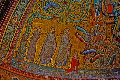 Sankt Franciskus, Sankt Paulus, Sankt Petrus, påven Nikolaus IV och änglar som deltar i Jungfruns kröning, absid, mosaik omkring 1290 av Jacopo Torriti
