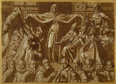 Madonna della Misericordia med Sts. Francis och Dominic, med andra helgon och härskare och en familj av donatorer (penna & brunt bläck med tvätt och vit kroppsfärg på papper) av Jacopo Zucchi