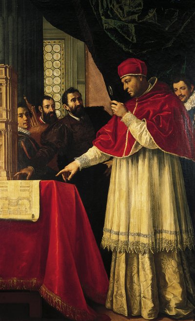 Michelangelo presenterar modeller för San Lorenzos fasad, Laurentian Library och Medici-gravarna för påven Leo X och kardinal Giulio de Medici av Jacopo da Empoli (and workshop)
