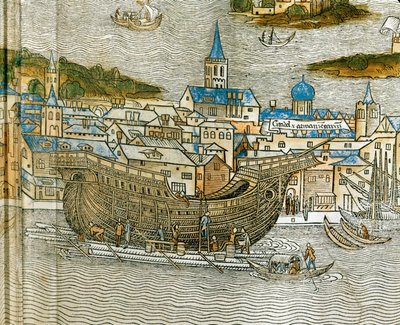 Byggande av en galär på ett skeppsvarv i Venedig, från Peregrinatio in Terram Sanctam, först tryckt på latin 1486 ... (träsnitt) av Jacopo de