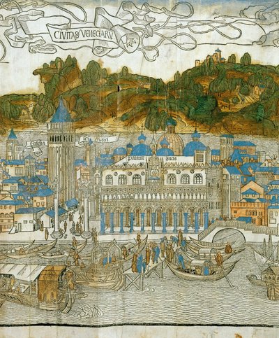 Venedig och den gamla kampanilen innan den förstördes av en jordbävning, från Pregrinatio in Terram Sanctam, tryckt första gången 1486 ... (träsnitt) av Jacopo de