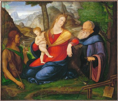 Jungfru Maria med barnet mellan Johannes Döparen och Antonius Abbas ... av Jacopo de