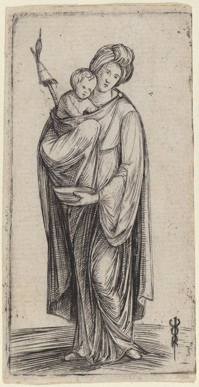 Kvinna och barn med distaff. av Jacopo de Barbari