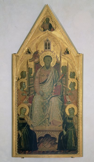 St. Bartholomew tronade med änglar (tempera på panel) av Jacopo del Casentino