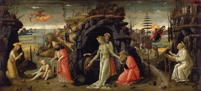 Landskap med bibliska scener och scener ur helgonlegender av Jacopo del Sellaio