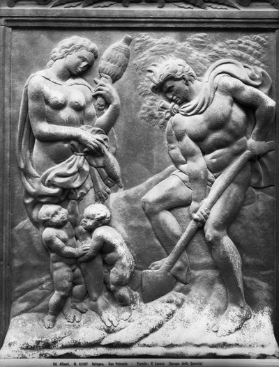 Adam och Eva tvingas arbeta, panel från Porta Magna, ca 1430 (marmor) av Jacopo della Quercia