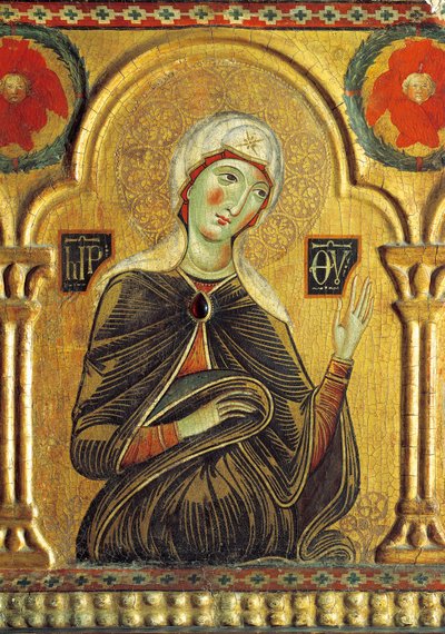 Mariafigur, från Frälsaren med Madonnan och tre heliga, av Meliore Toscano eller Meliore di Jacopo (cirka 1255-1285), tempera och guld på panel, 85x210 cm av Jacopo di Meliore