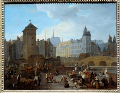 Franska revolutionen: "" Utsikt över bron och pumpen Notre-Dame i Paris"" Pumpen matade flera parisiska fontäner, scener i det dagliga livet, av handlare, ambulanspersonal som bar en skadad, soldater som sprang iväg. Målning av Jacques Albert Senave (1755- av Jacques Albert Senave