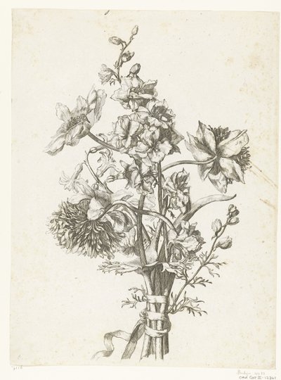 Bukett med anemoner, en hyacint och delphiniums Diverse Fleurs mises en Boucquets (serietitel) av Jacques Bailly (I)
