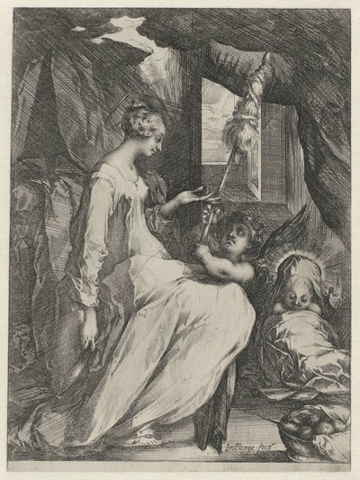 Jungfru Maria snurrar med Kristusbarnet och en ängel Mary med barn och en ängel som håller i en stav av Jacques Bellange