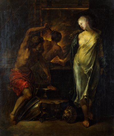 Vulcan smider Achilles rustning under överinseende av Thetis (olja på duk) av Jacques Blanchard