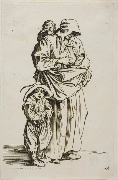 En mamma med sina tre barn, tallrik 18 från The Beggars av Jacques Callot