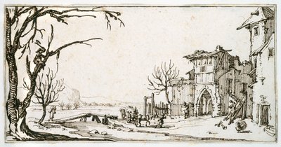 En hövän förs till den medeltida porten till en by, en man som skär en gren, från ett album som tillhör Israel Silvestre, ca 1630 (penna och bläck på papper) av Jacques Callot