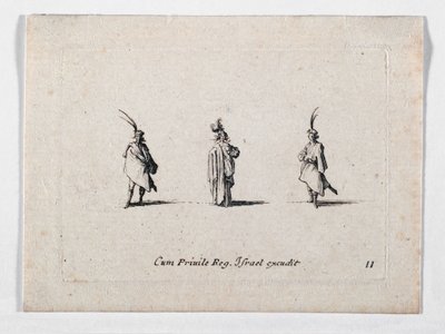 En dam med lång rock och två kavaljerer, från ... (gravyr) av Jacques Callot