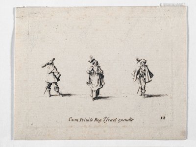 En dam med plymerad hatt och två kavaljerer, från ... (gravyr) av Jacques Callot