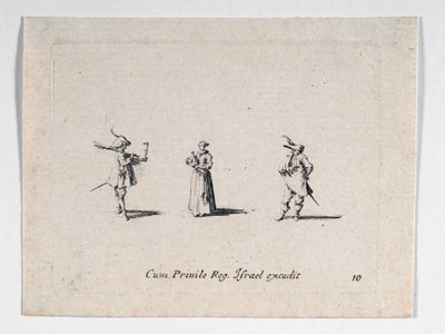 En dam med en vinflaska och två kavaljerer, från ... (gravyr) av Jacques Callot