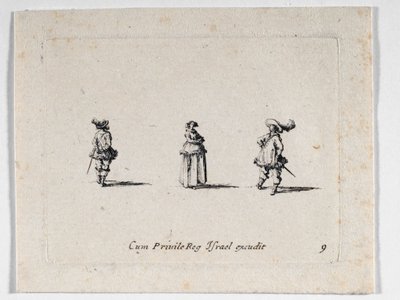 En dam med armarna i kors och två kavallerister, från ... (gravyr) av Jacques Callot