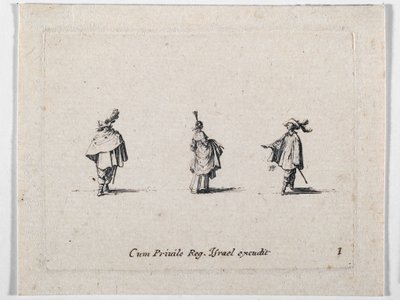 En dam med rynkad kjol och två kavaljerer, från Les Fantaisies de Noble J. Callot ... (gravyr) av Jacques Callot