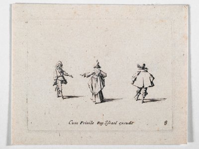 En dam med utsträckt hand, sedd bakifrån, och två kavaljerer, från Les Fantaisies de Noble J. Callot ... (gravyr) av Jacques Callot