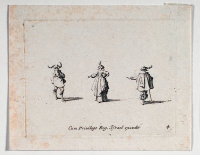 En dam med utsträckt hand och två kavaljerer, från ... (gravyr) av Jacques Callot