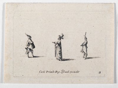 En dam med plymerad hatt och två kavaljerer, från ... (gravyr) av Jacques Callot