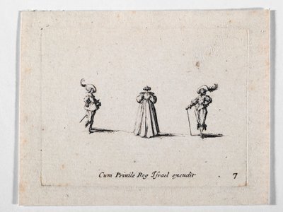 En dam med rikt veckad klänning, sedd bakifrån, och två kavaljerer, från Les Fantaisies de Noble J. Callot ... (gravyr) av Jacques Callot