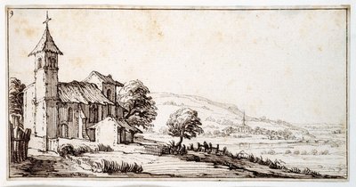 Ett flodlandskap nära Nancy, med bykyrkan Maxeville och en annan på medelavståndet, från ett album som tillhör Israel Silvestre, ca 1630 (penna & bläck på papper) av Jacques Callot
