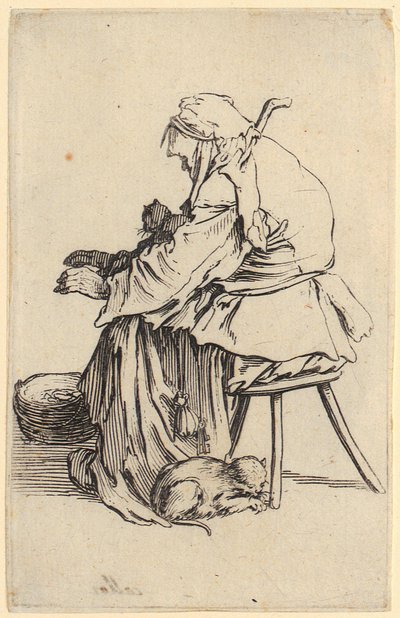 Gammal kvinna med katter, blad 25 ur serien "Tiggarna" av Jacques Callot