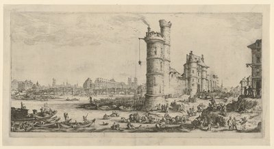 Vy över Pont Neuf, blad ur serien "Två stora vyer över Paris" av Jacques Callot