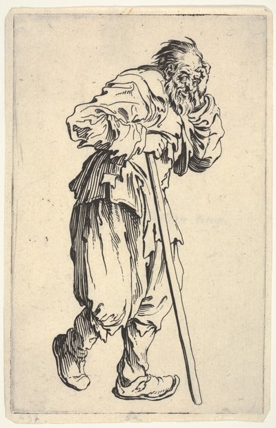 Skäggig man klädd i trasor, som håller sitt huvud med ena handen och en käpp med den andra, ur "Tiggarna" (Les Gueux) av Jacques Callot