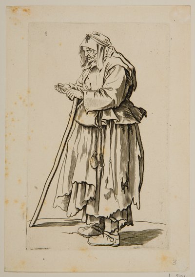 Tiggarkvinna som tar emot allmosor (etsning) av Jacques Callot
