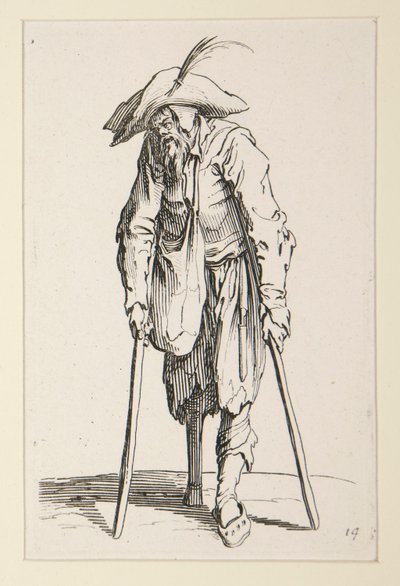 Tiggare med träben, från The Beggars (Le mendiant a la jambe de bois) av Jacques Callot
