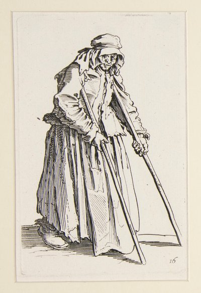 Tiggarkvinna på kryckor, från The Beggars (La mendiante aux bequilles) av Jacques Callot